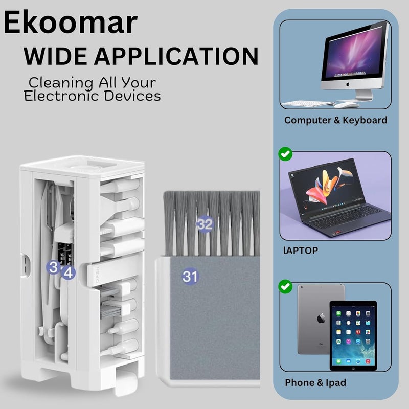 Ekoomar 32-in-1 Electronics Cleaning Kit - Keyboard, Phone, Computer & Laptop Cleaner Kit - Compatible for MacBook, AirPods & iPhone Charger Port Cleaning Tool - Tech Gadget Cleaner - White - Image 2